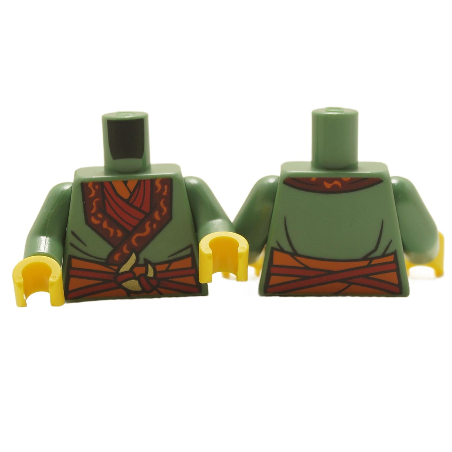 A sand green LEGO minifigure torso with a detailed robe and sash design, featuring dark red trim, an orange sash, and gold crescent moon detail.