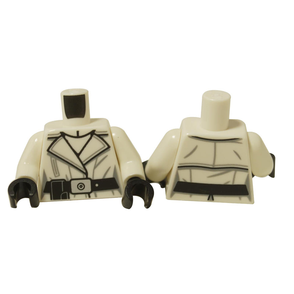 LEGO® torso with white trench coat print, black belt and holster on the front, and subtle coat seam details on the back.