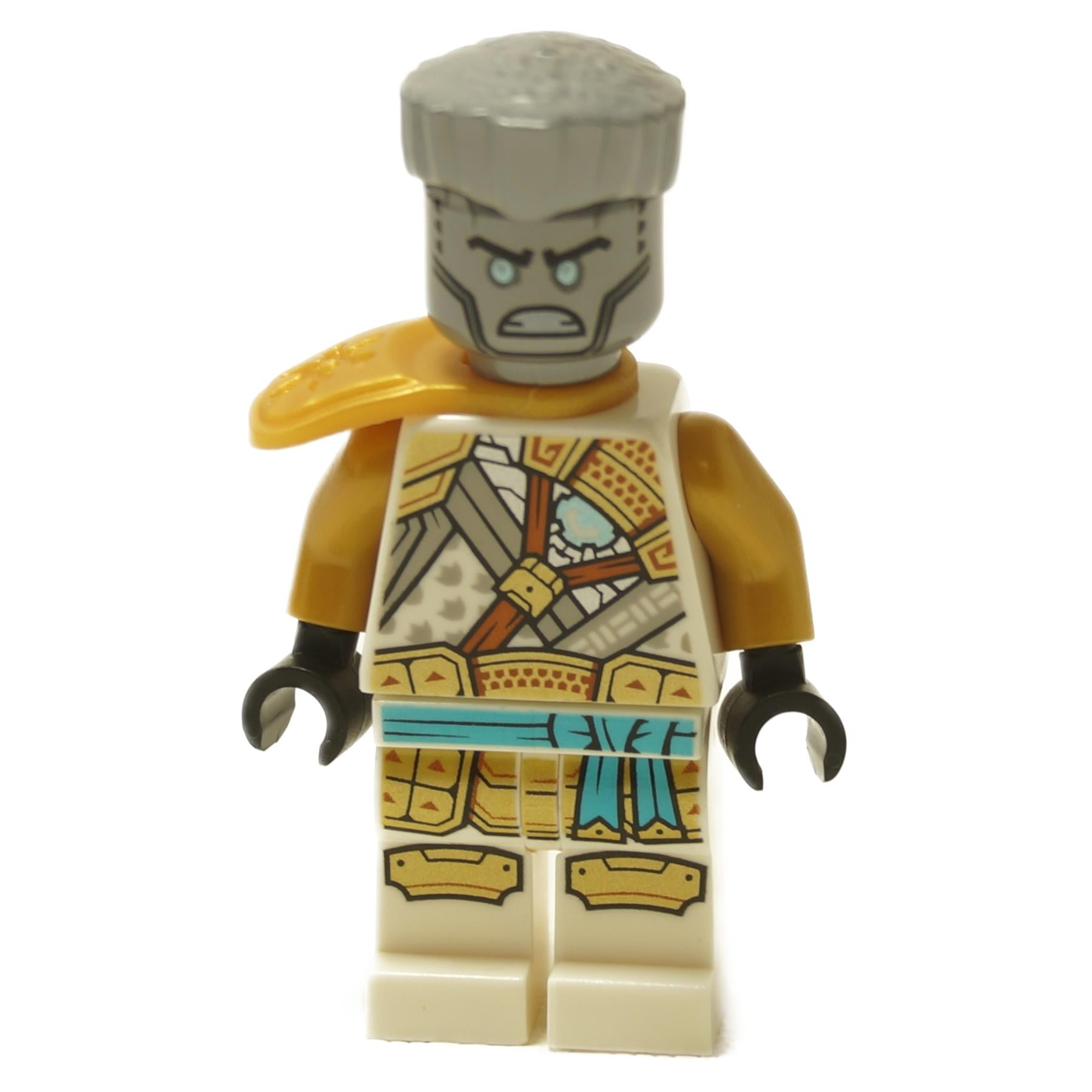 LEGO® NINJAGO Zane (Golden Ninja) – Crystalized (njo0806) front view, showing golden armor, intricate white and gold torso print with blue sash, and grey robotic face. Displayed on a white background.  