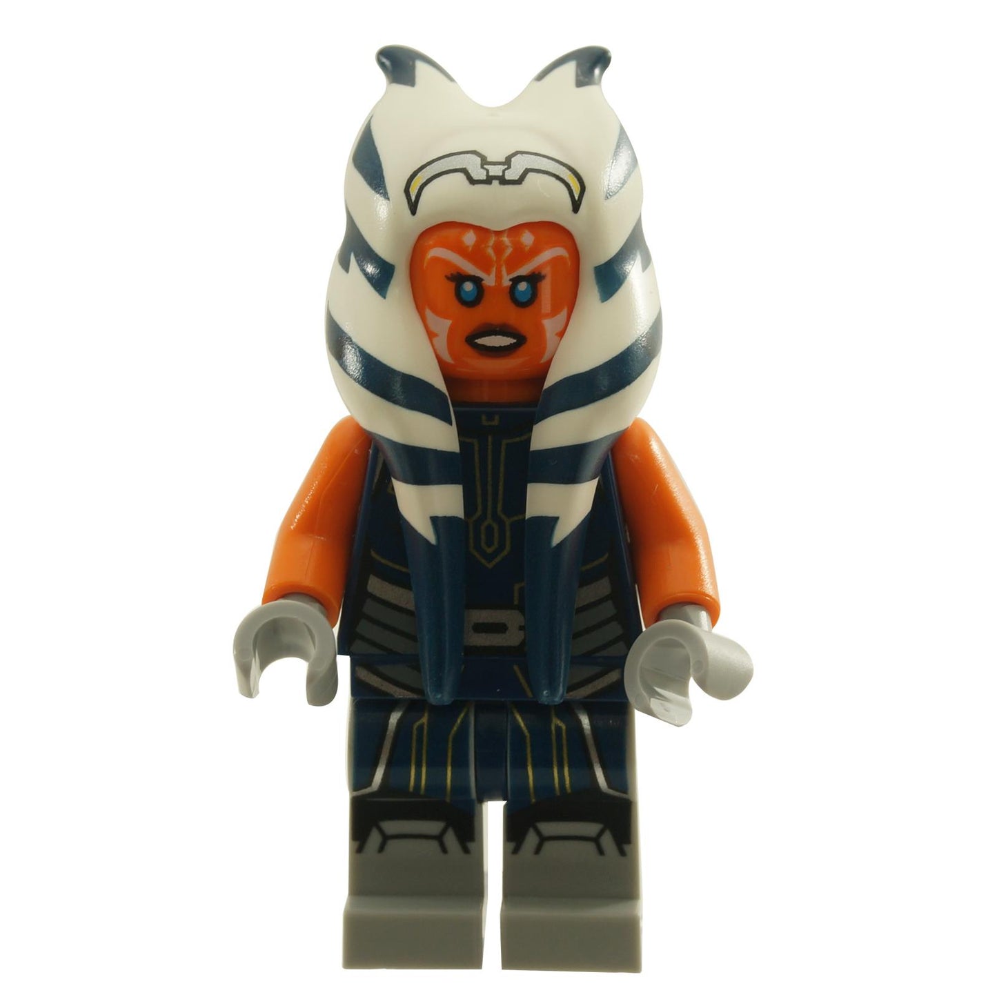 Front view of Ahsoka Tano adult minifigure in a dark blue jumpsuit with printed torso and leg details
