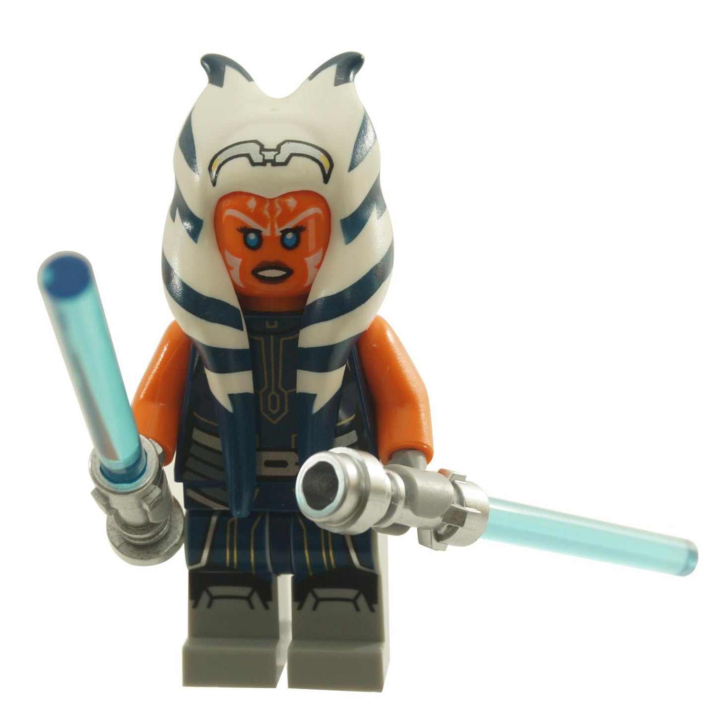 Ahsoka Tano adult minifigure wearing a dark blue jumpsuit, holding two light blue lightsabers
