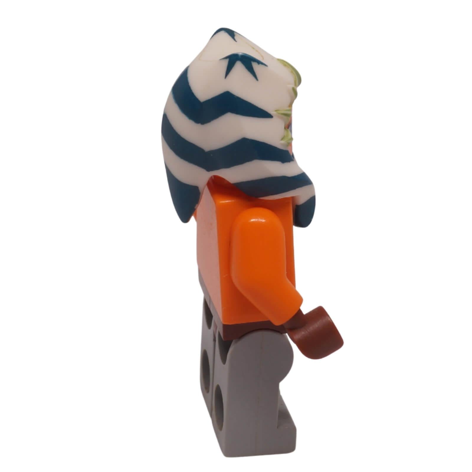 LEGO Star Wars Ahsoka Tano Padawan minifigure sw0192 with orange skin, blue and white lekku, and tube top printing, side view.