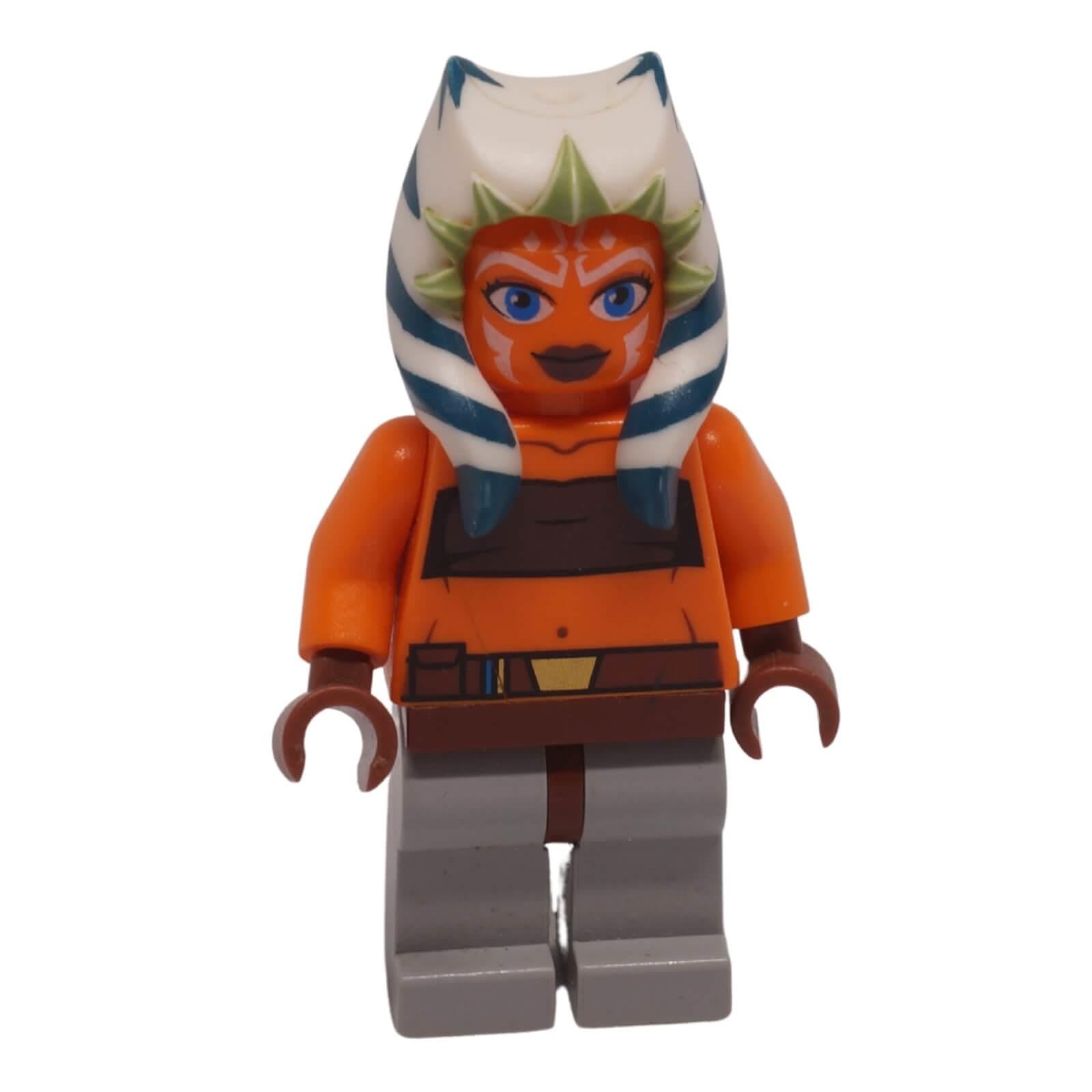LEGO Star Wars Ahsoka Tano Padawan minifigure sw0192 with orange skin, blue and white lekku, and tube top printing.