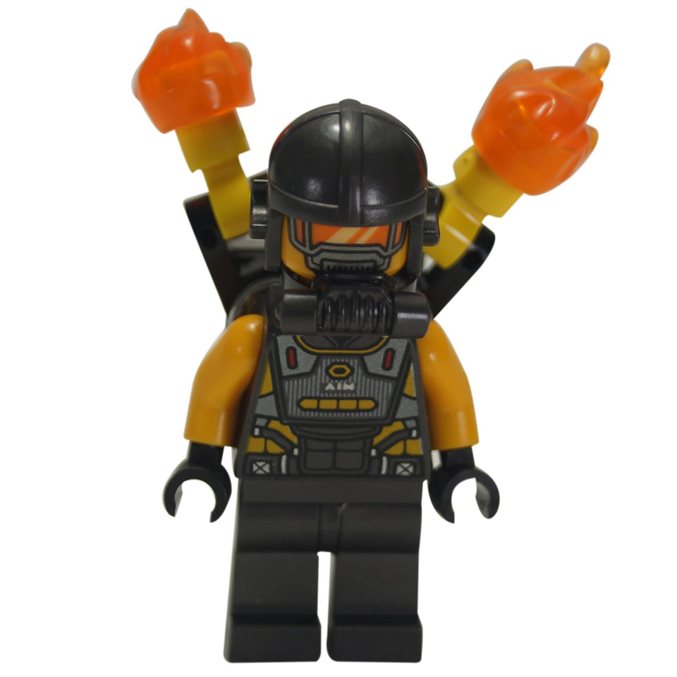  A LEGO® minifigure of an AIM Agent wearing a black helmet with an orange visor and oxygen mask, a gold/yellow torso with black and grey armor printing and an AIM logo, gold/yellow arms, black hands, black legs, and a black jet pack with two translucent orange flame pieces emerging from the top, against a white background.