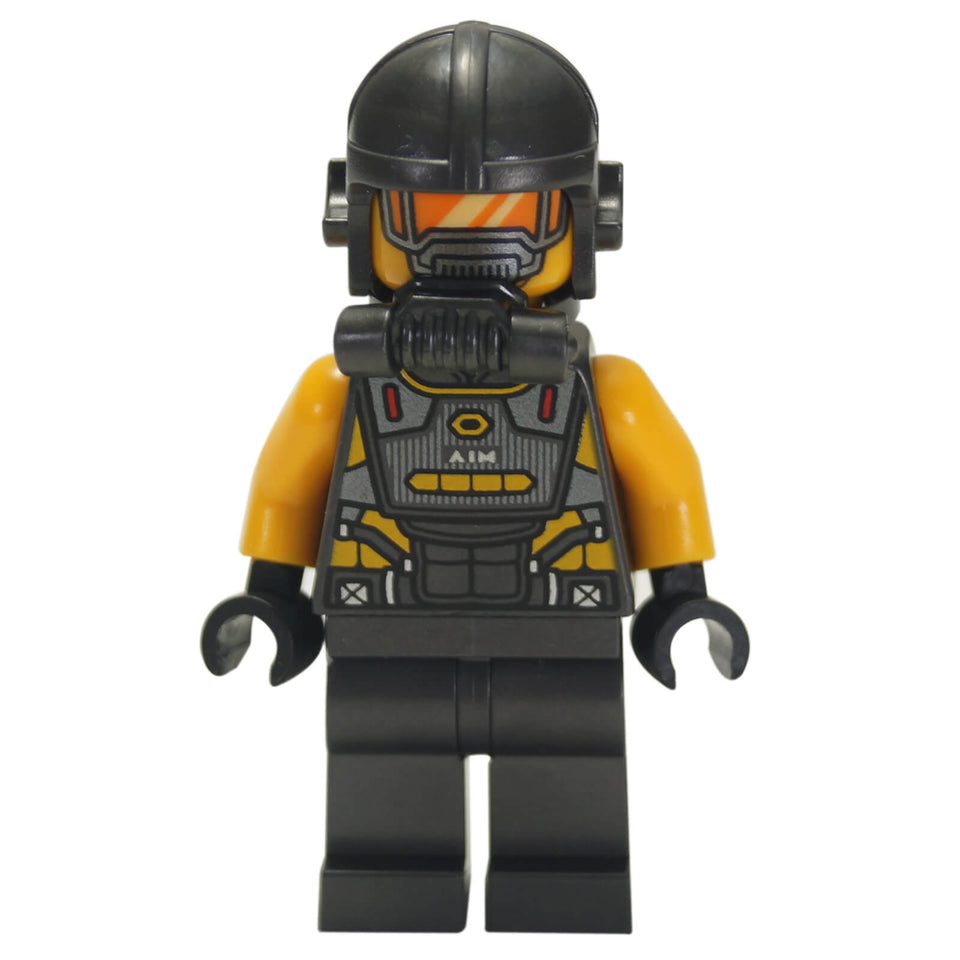 AIM Agent minifigure with black helmet and gold tactical suit