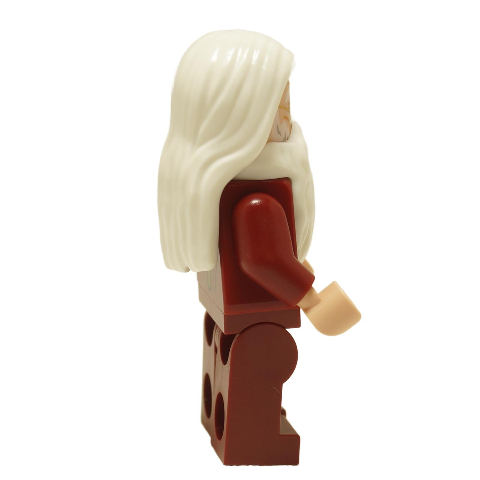 LEGO Albus Dumbledore minifigure, dark red robe, white hair, side view