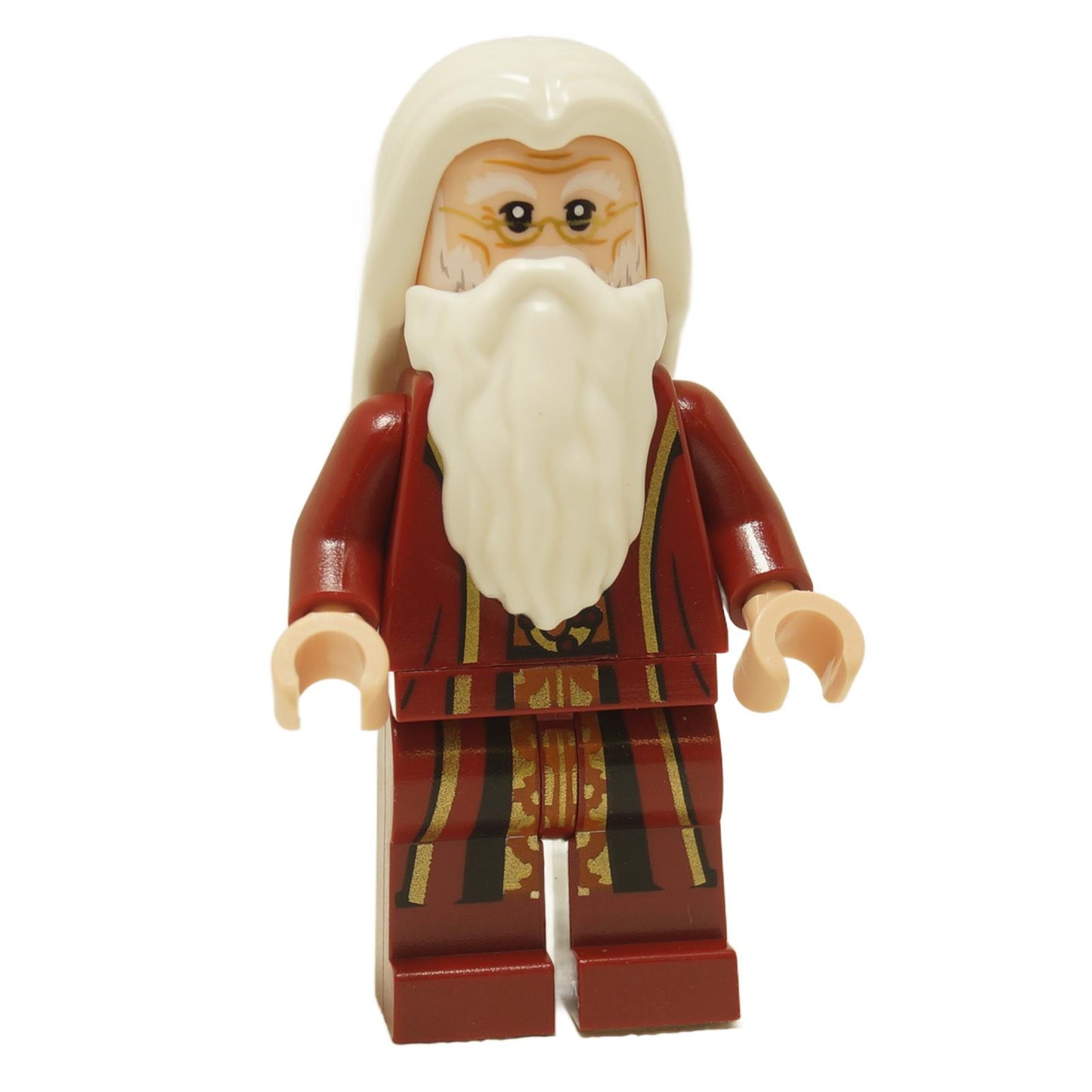 LEGO Albus Dumbledore minifigure, dark red robe, white beard, front view