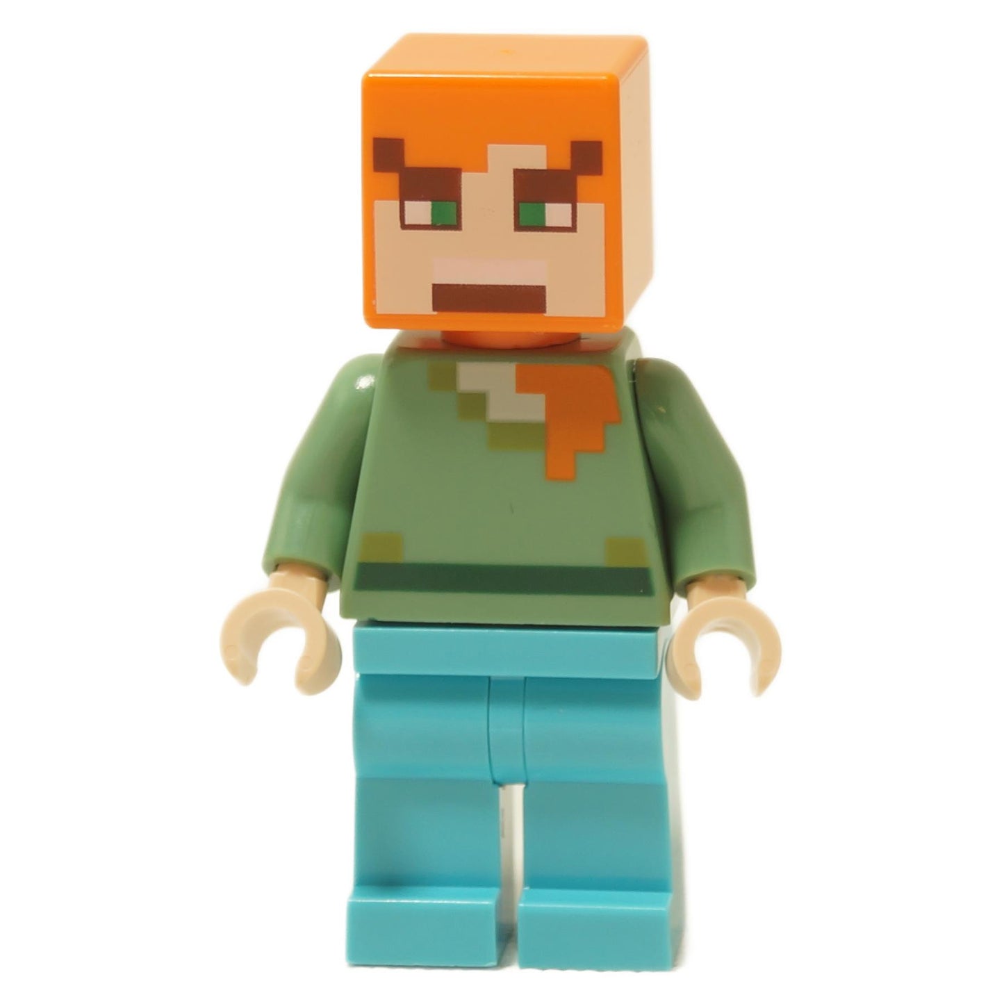 LEGO Minecraft Alex minifigure, angry face, azure legs, front view