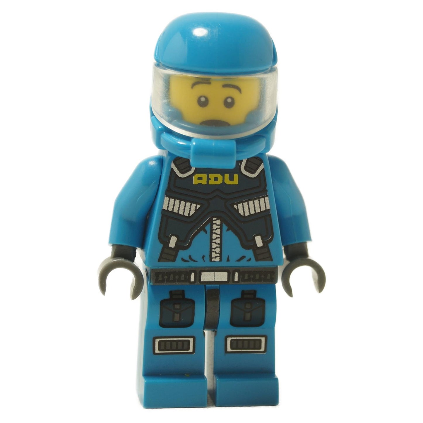 Minifigura de soldado de la Unidad de Defensa Alienígena con uniforme azul, visera de casco y caderas gris oscuro azulado.

