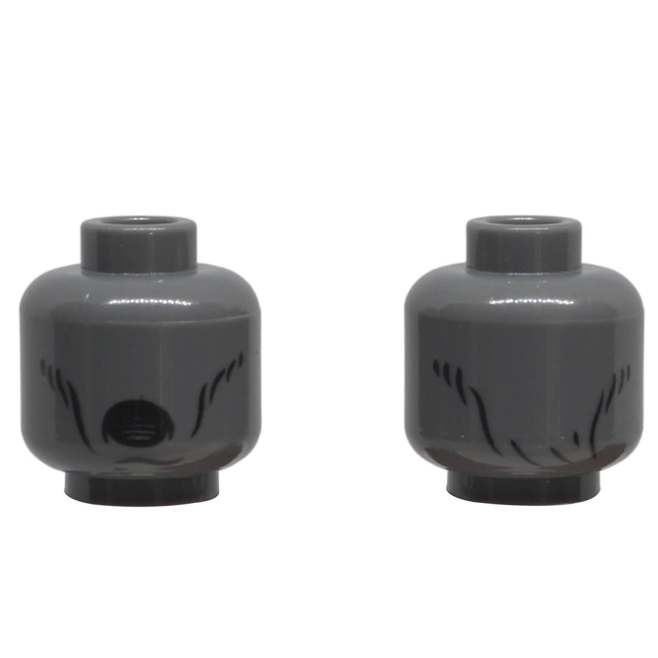 LEGO® Alien Dementor minifigure head 3626pb0480 with black cheek markings and open mouth print shown from front and back
