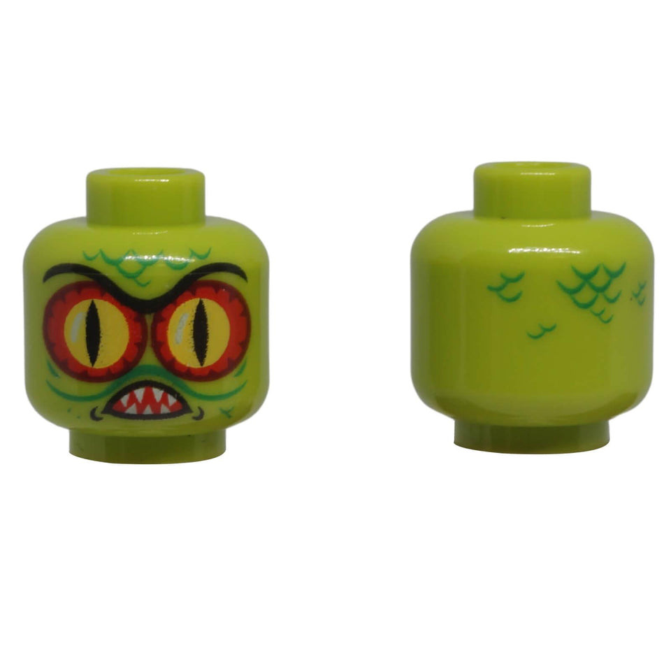 Lime LEGO alien minifigure head with red and yellow reptilian eyes, pointed teeth and scale markings shown from front and back