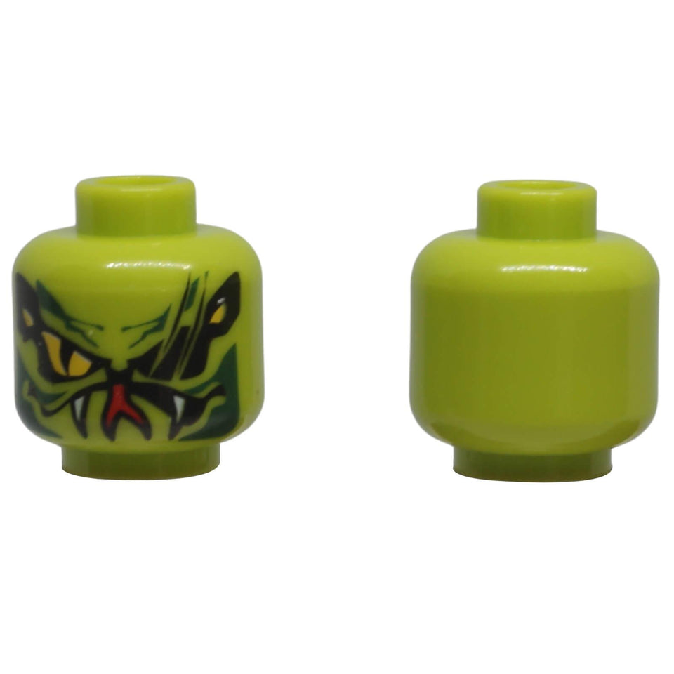 Lime LEGO alien minifigure head with yellow snake eyes, facial scars, fangs and red tongue shown from front and back