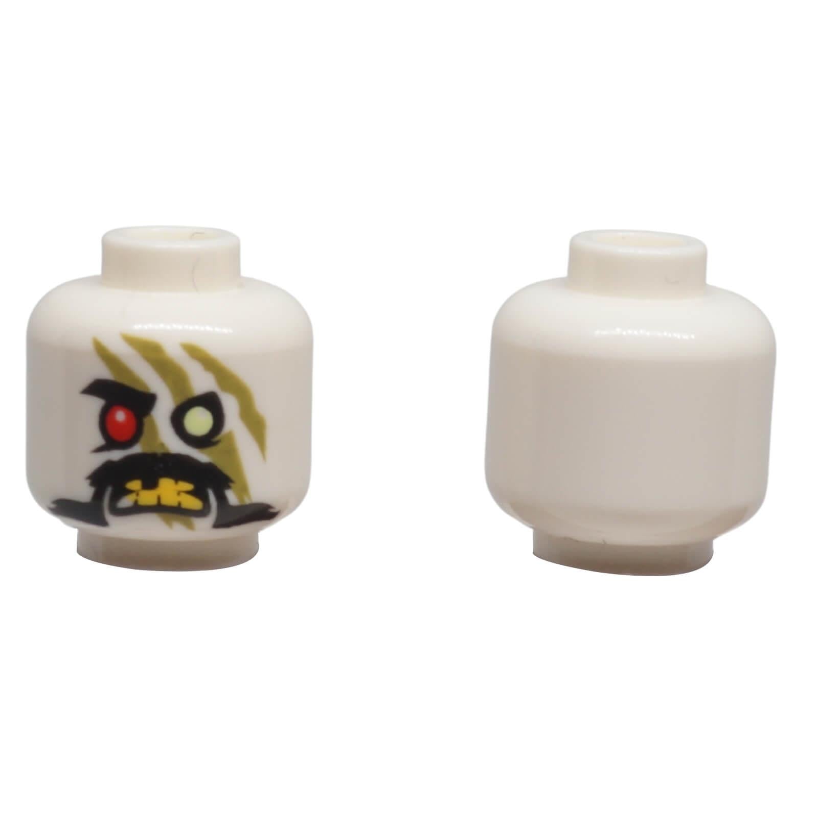 Front and back of LEGO® alien minifigure head 3626pb2209 with red eye and olive green facial markings
