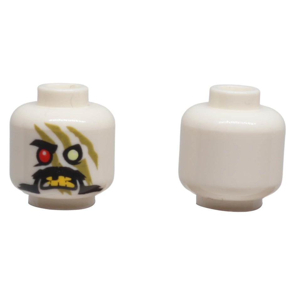 Front and back of LEGO® alien minifigure head 3626pb2209 with red eye and olive green facial markings