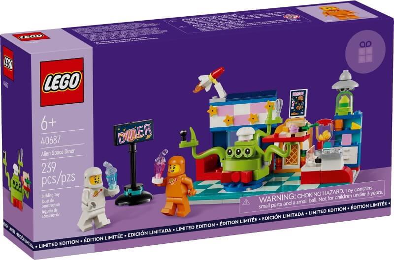 LEGO Alien Space Diner set box, minifigures, diner scene, front view