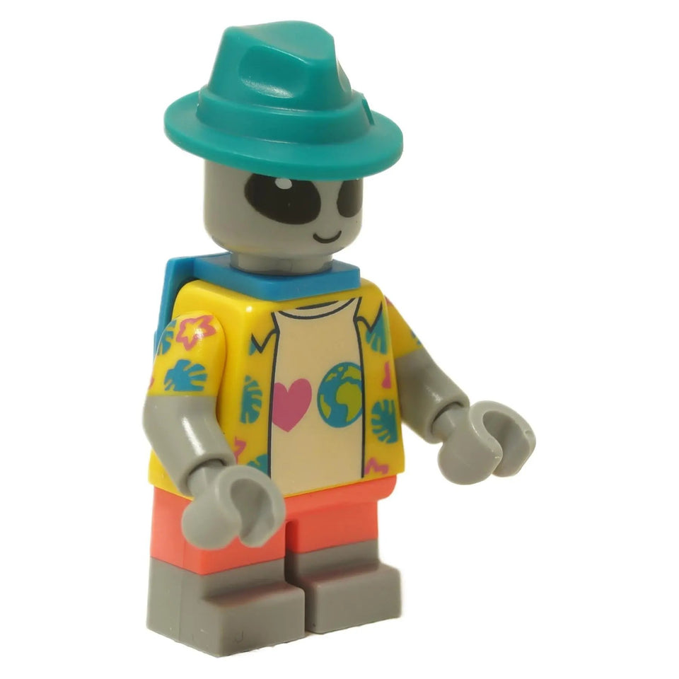 LEGO Alien Tourist minifigure col438 with tropical shirt teal hat and gray alien head