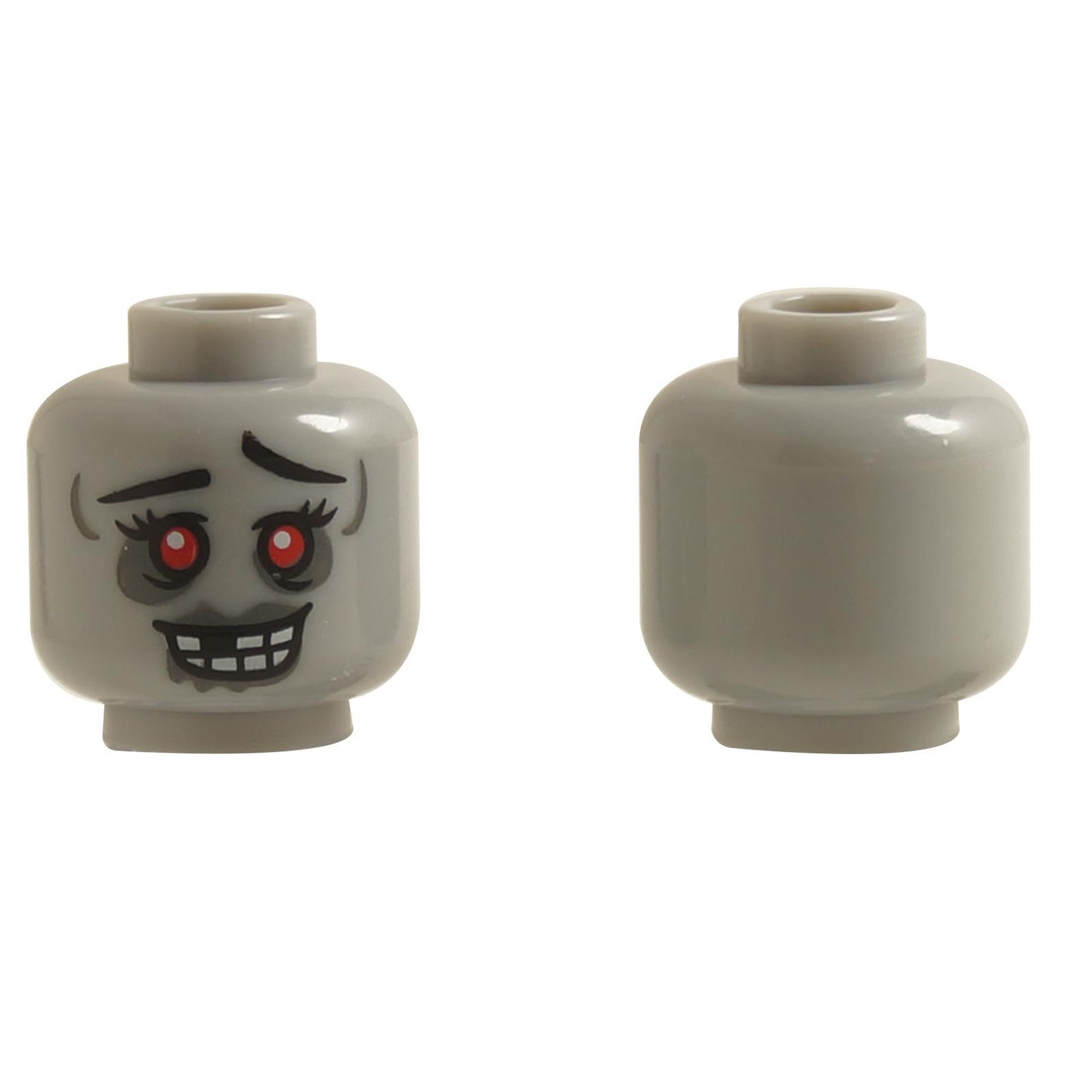 LEGO minifigure head 3626pb1409 featuring a light bluish gray alien zombie female with glowing red eyes and a toothy grin.