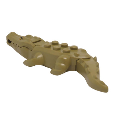 rear view of olive green LEGO alligator figure with yellow eyes, 20 molded teeth, and studs on its back (Part 18904c06pb01).