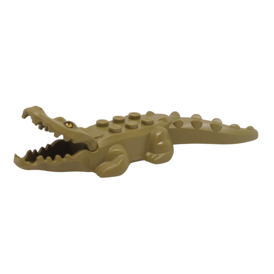 Olive green LEGO alligator figure with yellow eyes, 20 molded teeth, and studs on its back (Part 18904c06pb01).