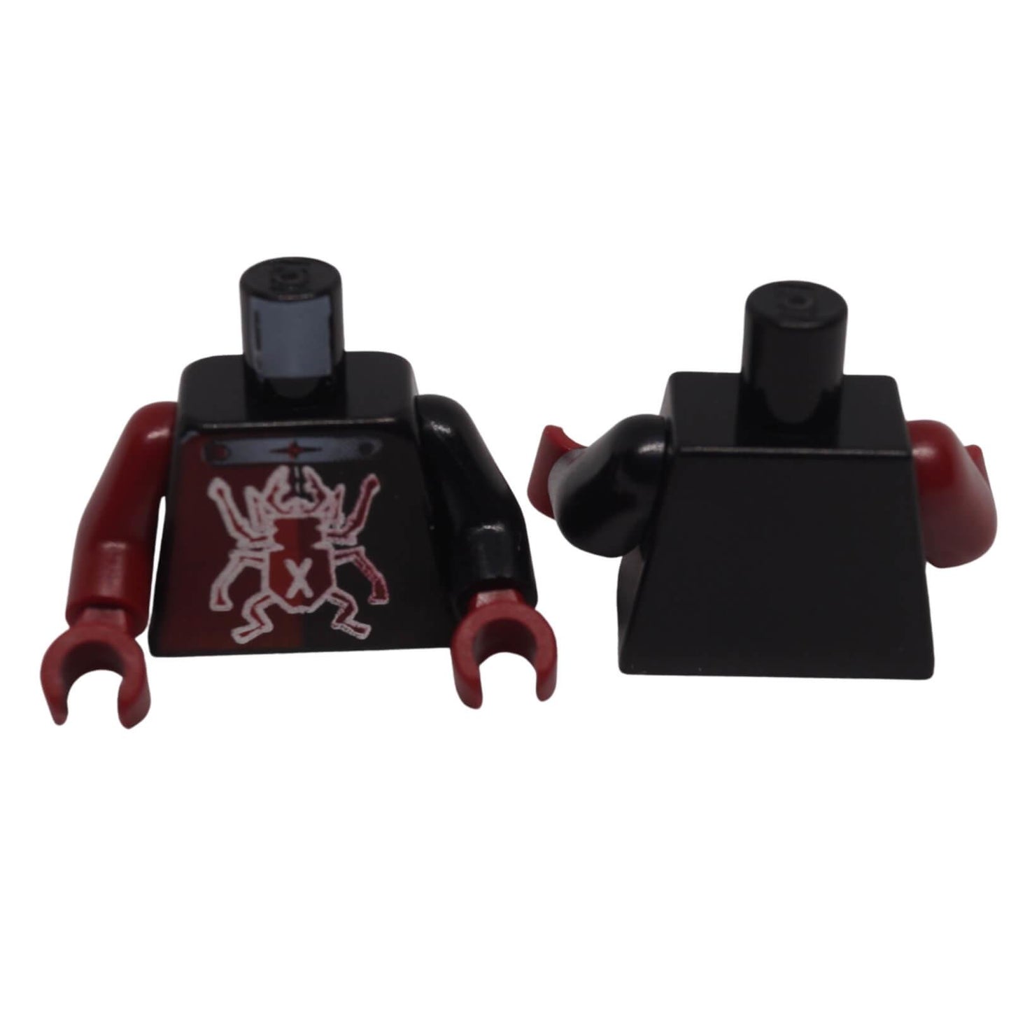 LEGO® Alpha Team torso 973pb0398c01 shown front and back with silver scarab emblem, X pattern and asymmetric black and dark red arms