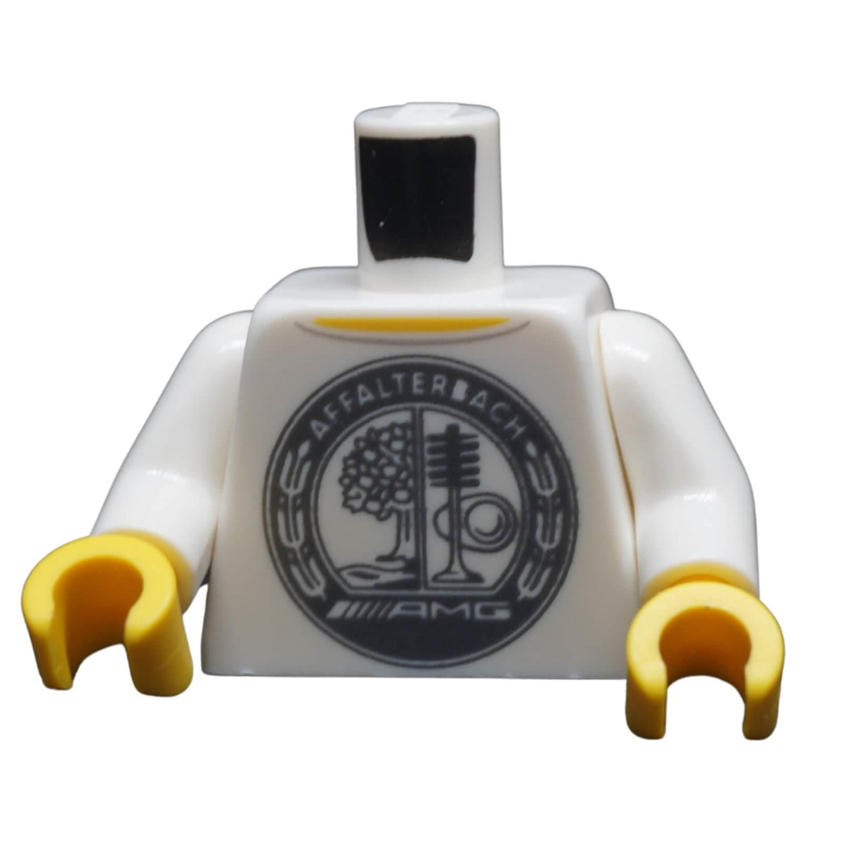 LEGO white racing torso 973pb5756c01 front with AFFALTERBACH and AMG emblem