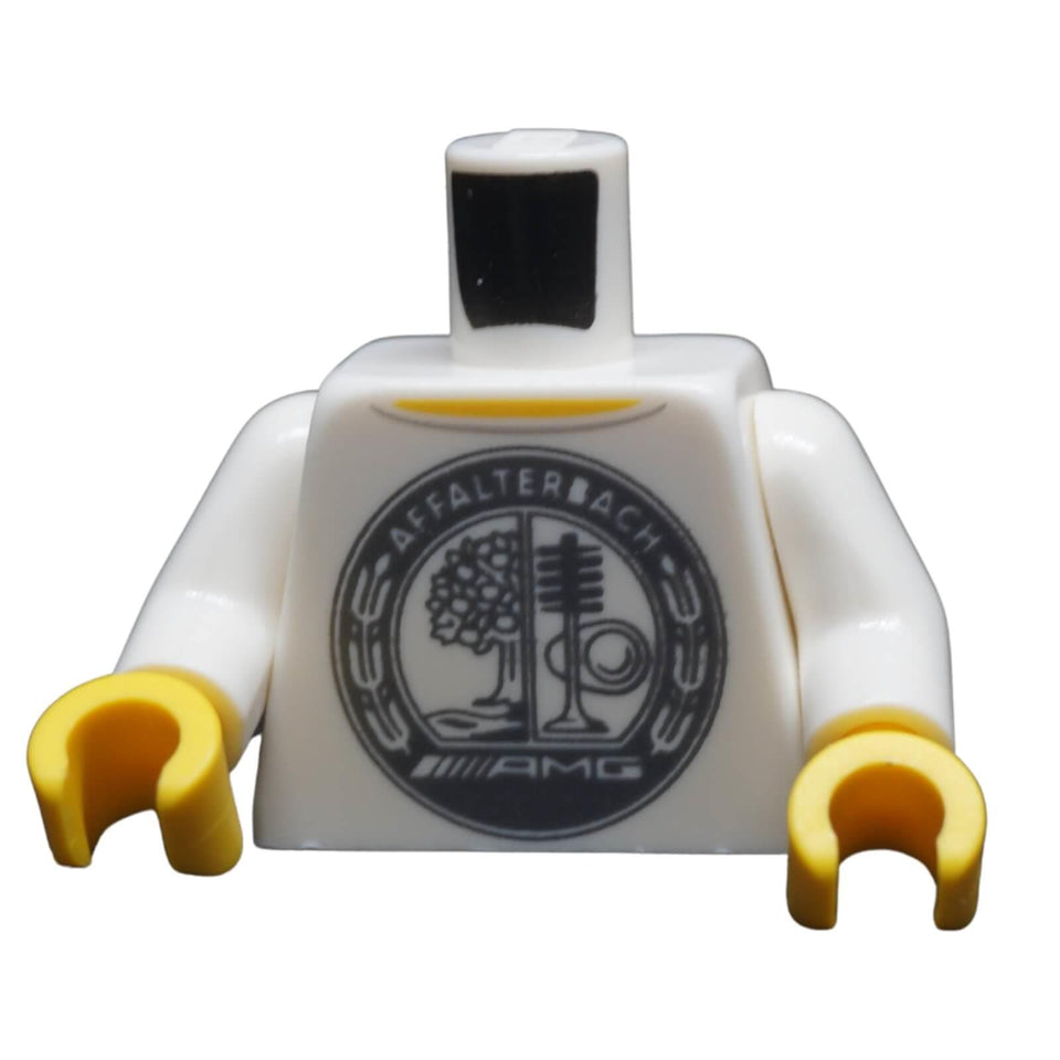 LEGO white racing torso 973pb5756c01 front with AFFALTERBACH and AMG emblem