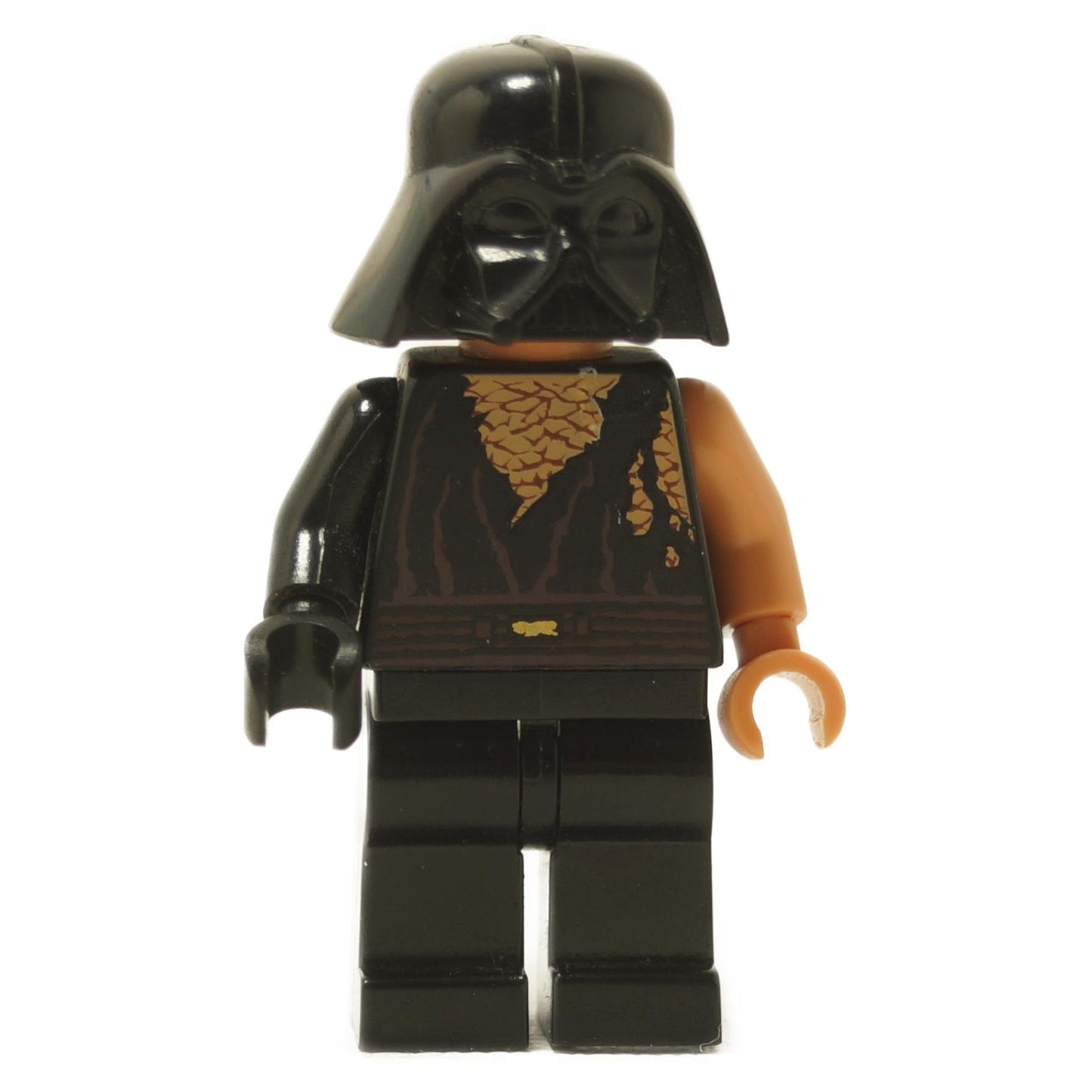 Vista frontal del minifigura LEGO Anakin Skywalker (sw0283) usando el casco de Darth Vader y túnicas con daños de batalla.