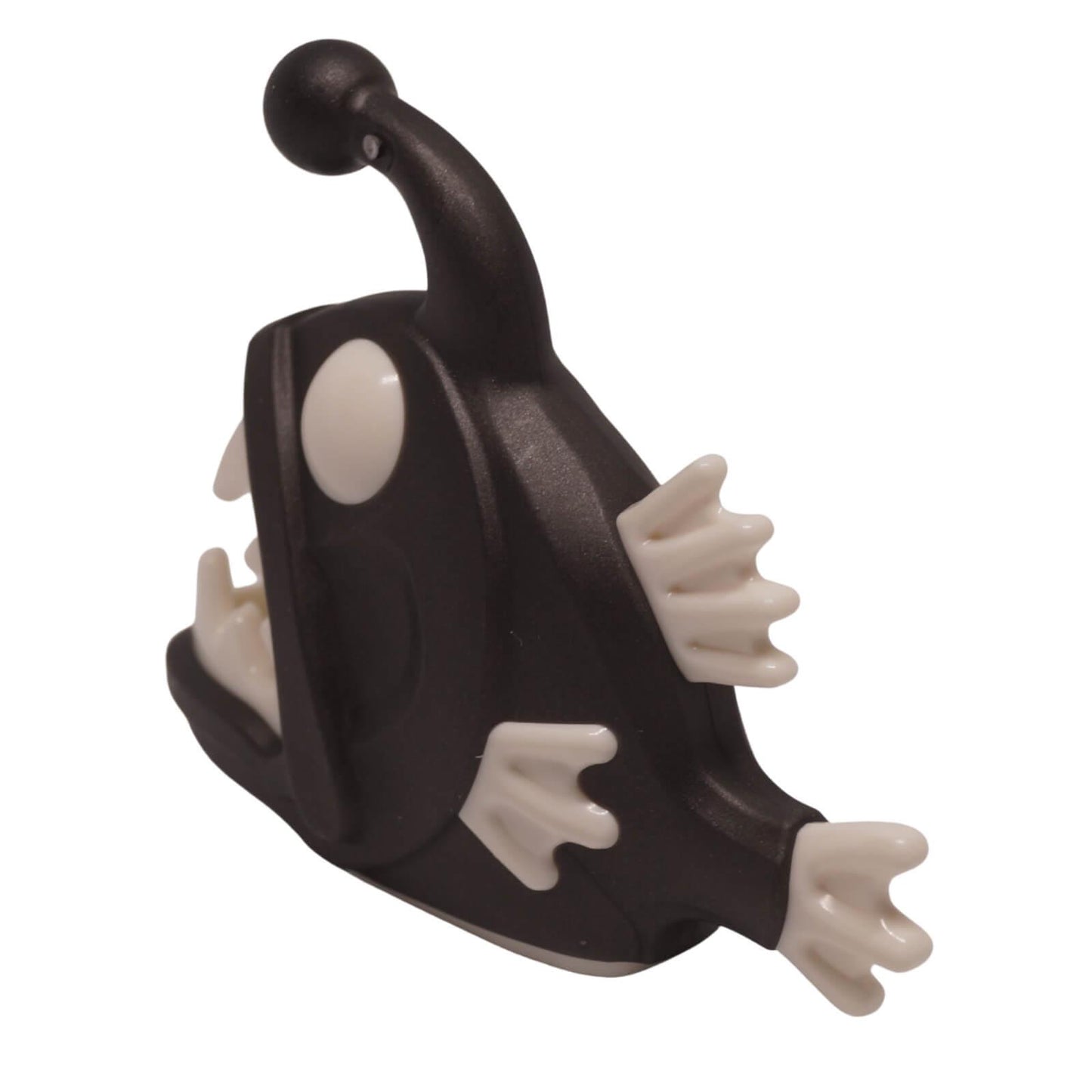 Black LEGO anglerfish figure with molded white eyes, white fins, and sharp white teeth pattern (Part 67471pb02) rear view
