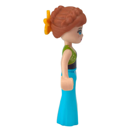 LEGO Anna minifigure dp019 lime vest azure dress Disney, side profile.