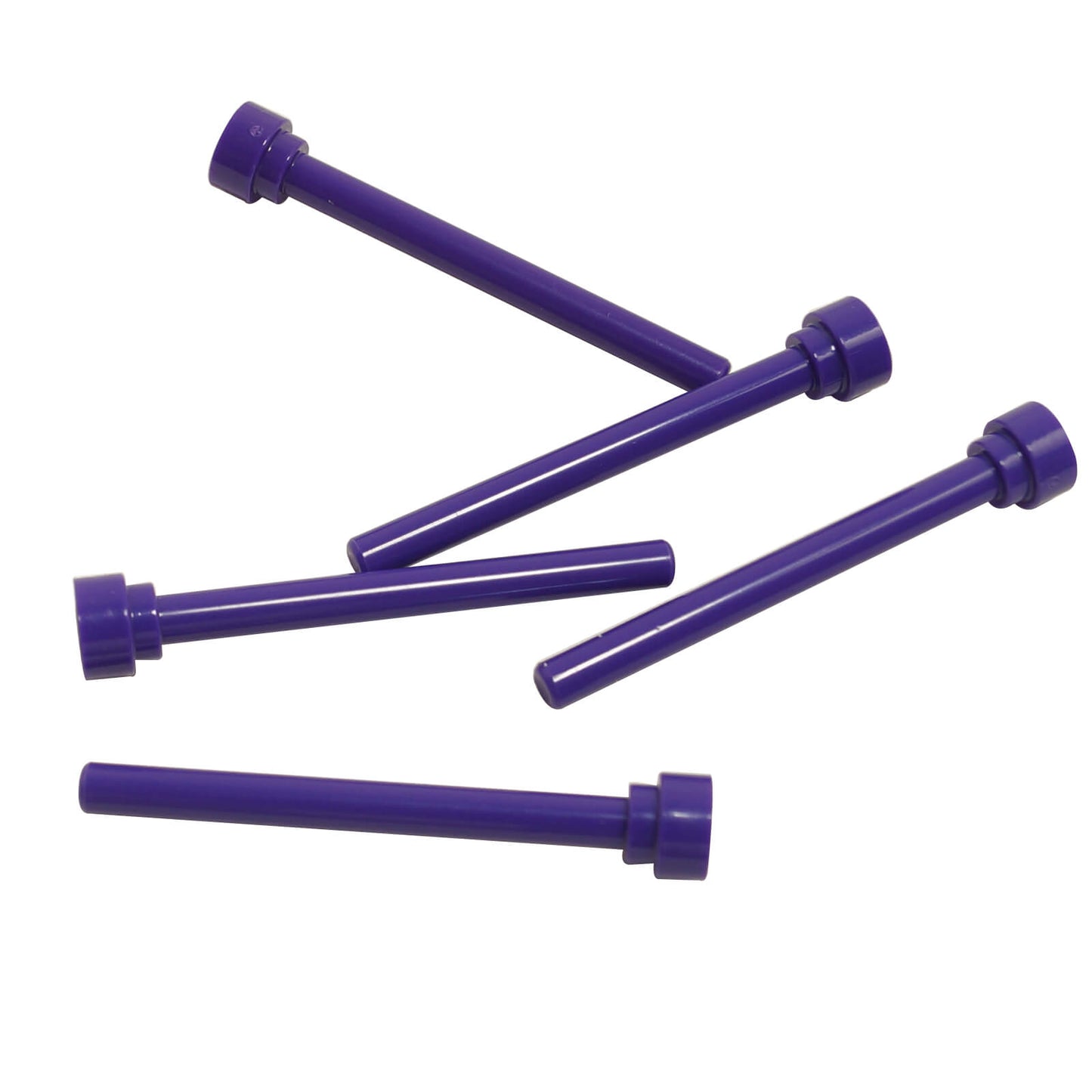 Five dark purple LEGO Antenna 4H 3957b pieces, scattered view