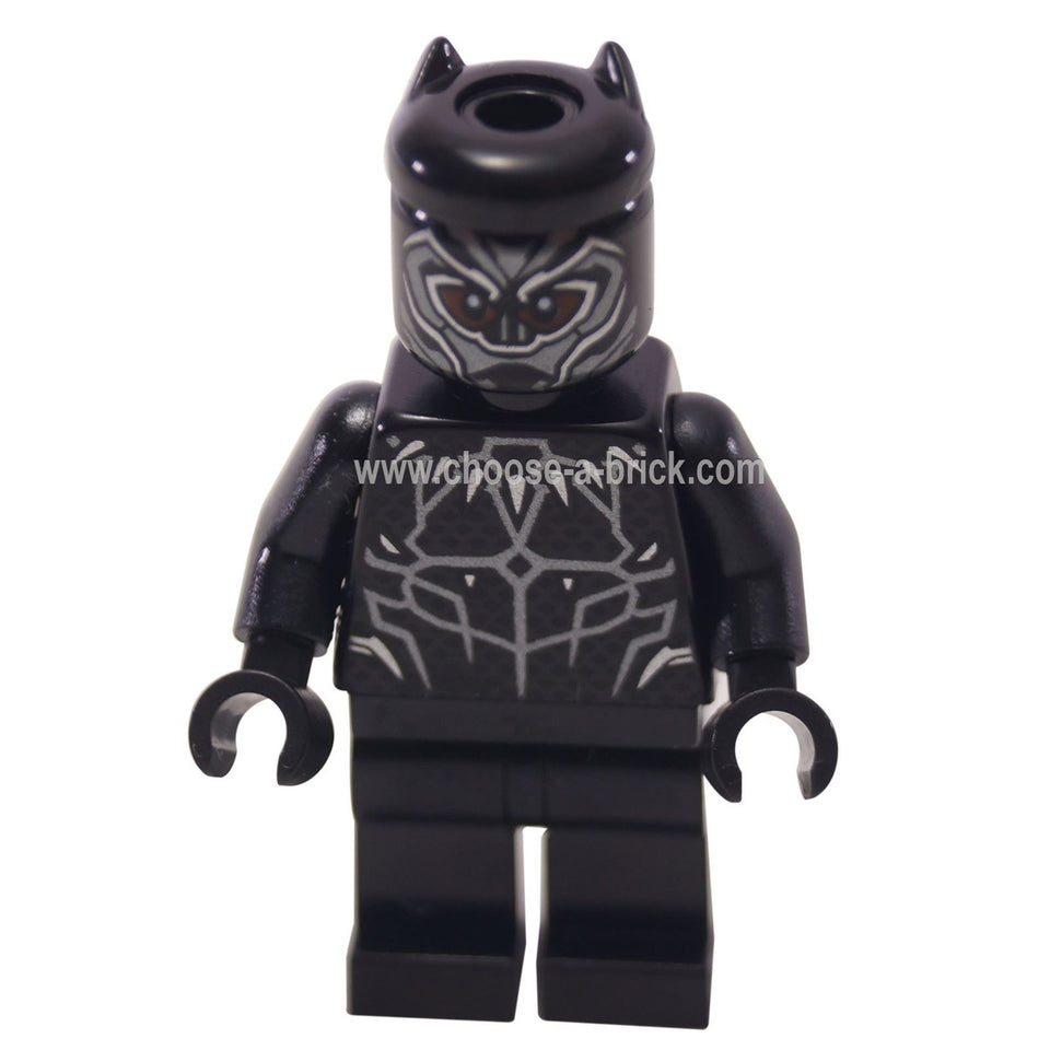 LEGO Black Panther minifigure (sh466) with reddish brown eyes, front view.