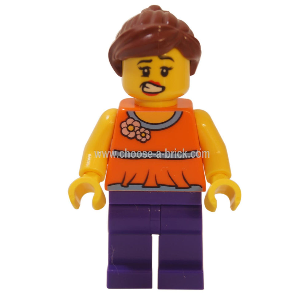 LEGO Minifigura - Naranja Top sin mangas con Azul Medio ribete y patrón de flores, Púrpura Oscuro piernas, Marrón Rojizo coleta y flequillo barrido a un lado