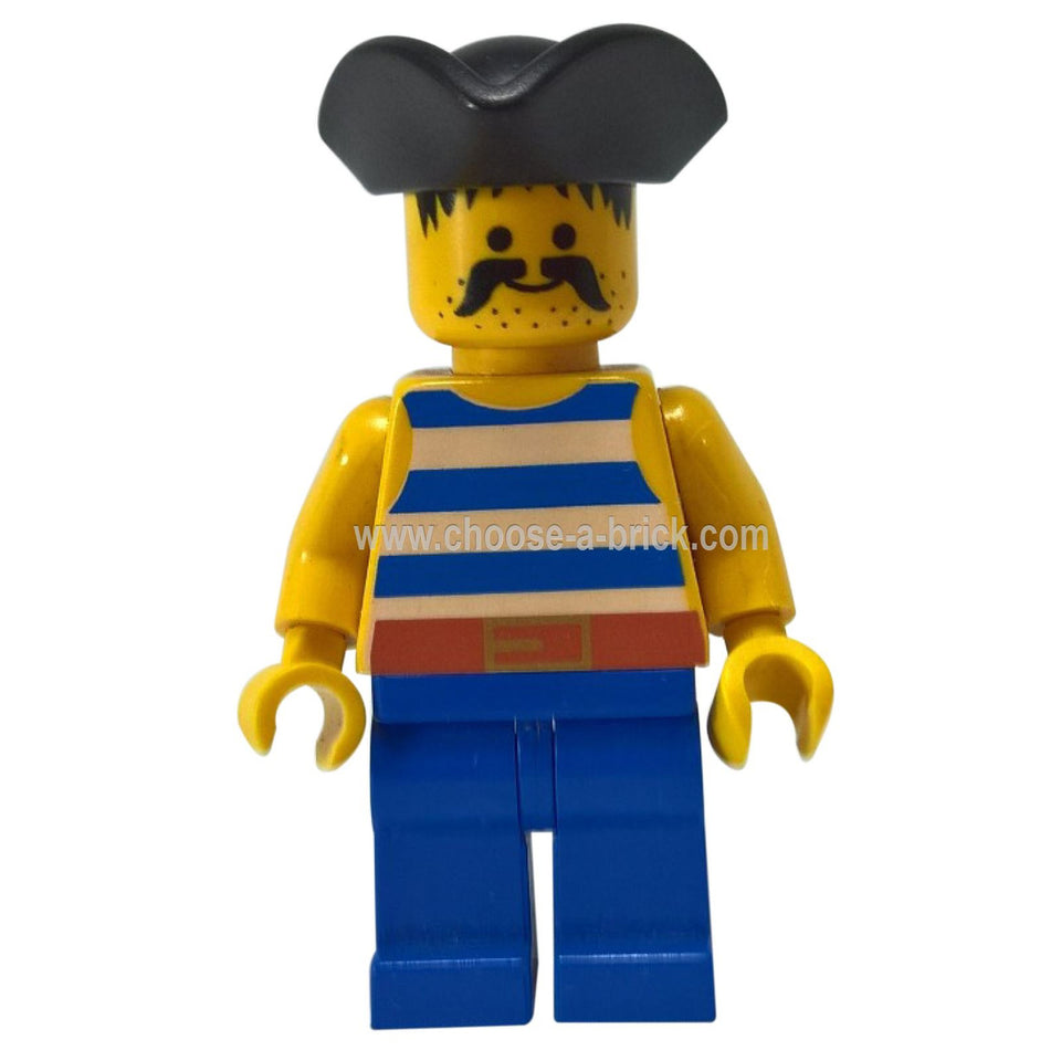 Kemeja Jalur Lanun Biru / Putih, Kaki Biru, Topi Segitiga Lanun Hitam - Lego Minifigure Lanun