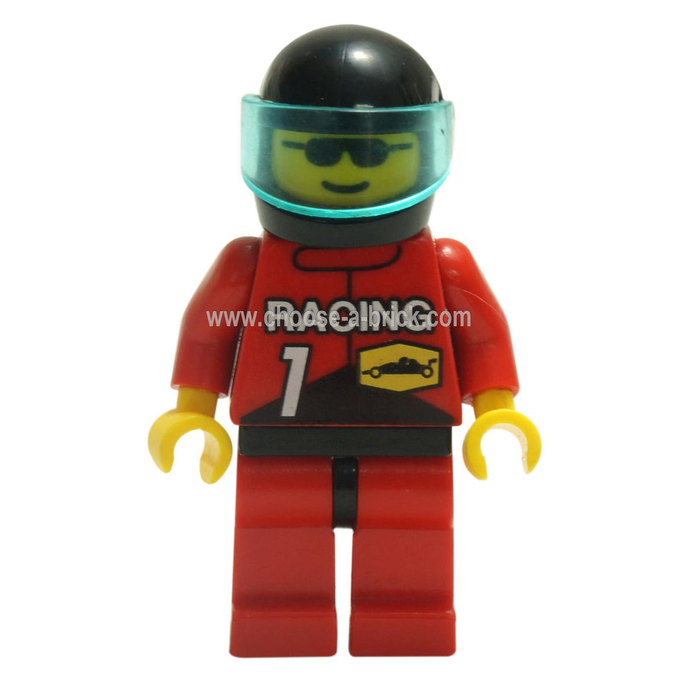 LEGO Minifigurină - Echipa de Curse 1, Negru Cască, Albastru Deschis Transparent Viziere