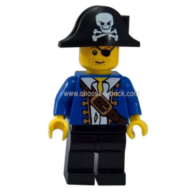 LEGO pirate minifigure pi102 with black hat, eyepatch, and blue jacket.