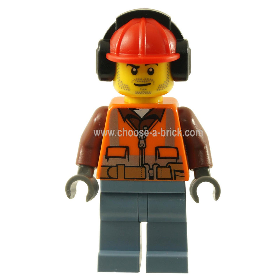 LEGO Minifigura Trabajador de construcción con chaqueta naranja con cremallera, piernas azules y casco de construcción rojo - cty0955new