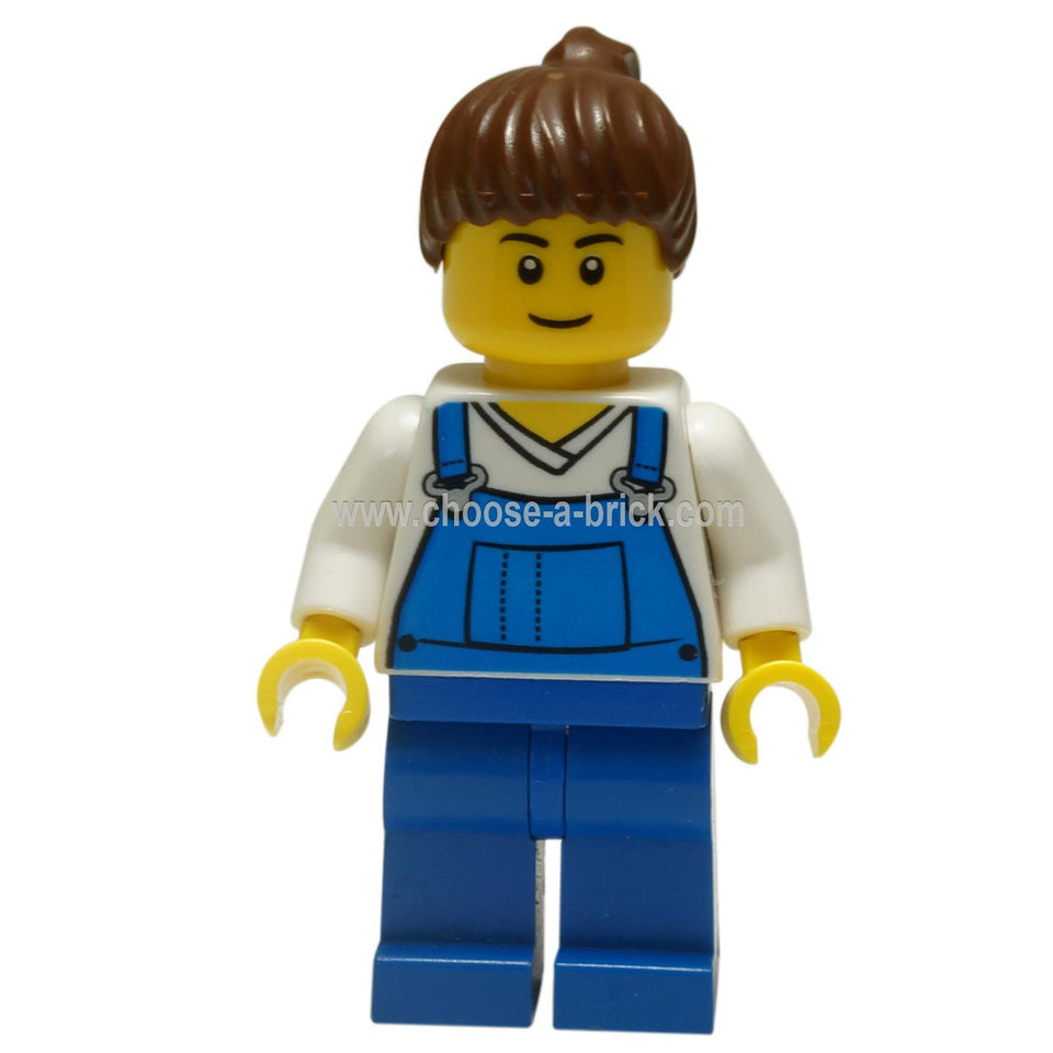 LEGO Minifigura - Trabajadora de Granja, Femenina, Monos Azul sobre Camiseta de Cuello en V, Sonrisa Sutil