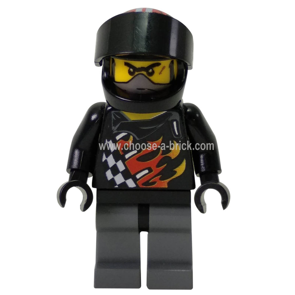 LEGO Bart Blaster minifigure, front view, black helmet and flame torso.