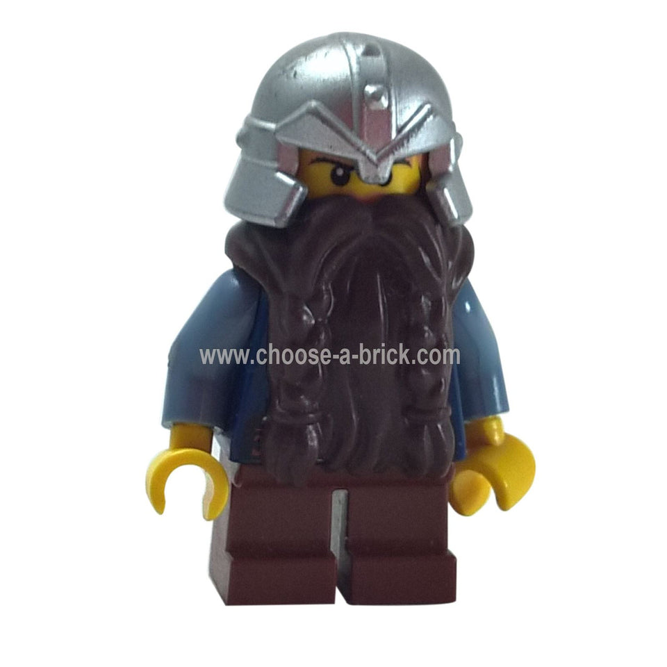 LEGO Minifigura Era de Fantasía - Enano, Marrón Oscuro Barba, Plata Metálica Casco con Bandas con Estudio, Azul Arena Brazos - cas393, primera vista.