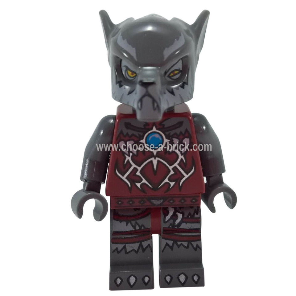 LEGO® Minifigura Chima Wakz da Tribo do Lobo com cabeça de lobo cinza, armadura vermelho escuro com motivo de chifres e orbe CHI azul – inclui impressão no torso e nas pernas.