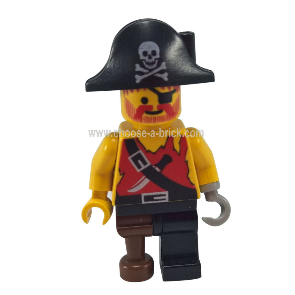 LEGO pirate minifigure pi022 with hook, peg leg, and skull hat.