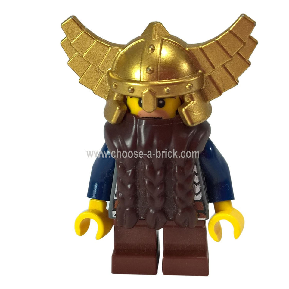 LEGO Minifigura Era de Fantasía - Enano, Marrón Oscuro Barba, Bionicle Oro Casco con Alas, Azul Oscuro Brazos - cas405, primera vista.