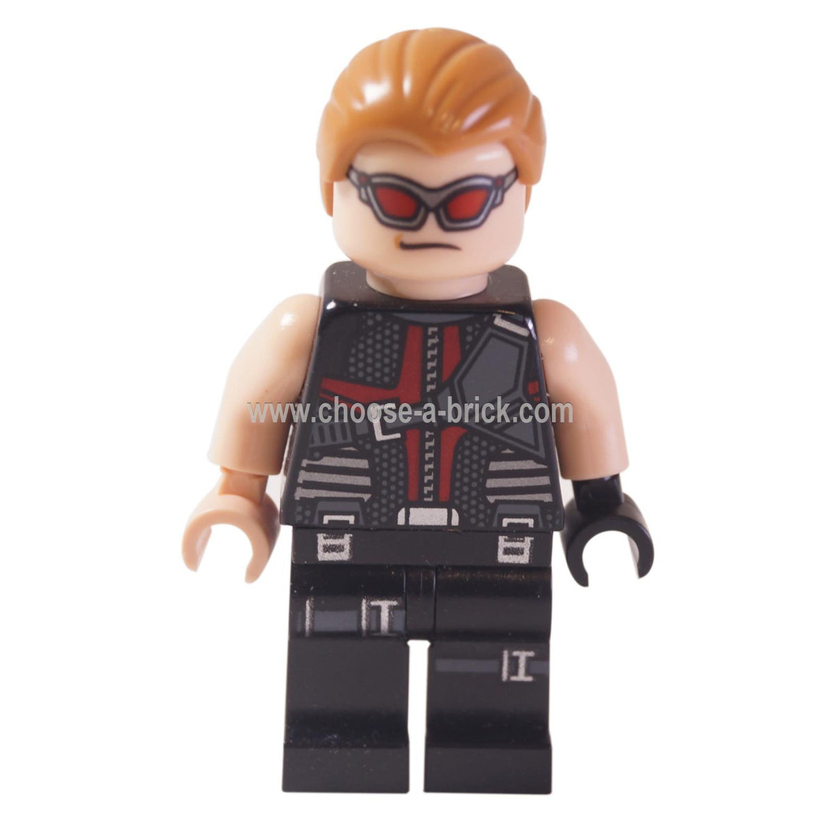 LEGO Hawkeye minifigure sh0034 with red sunglasses and tan hair.