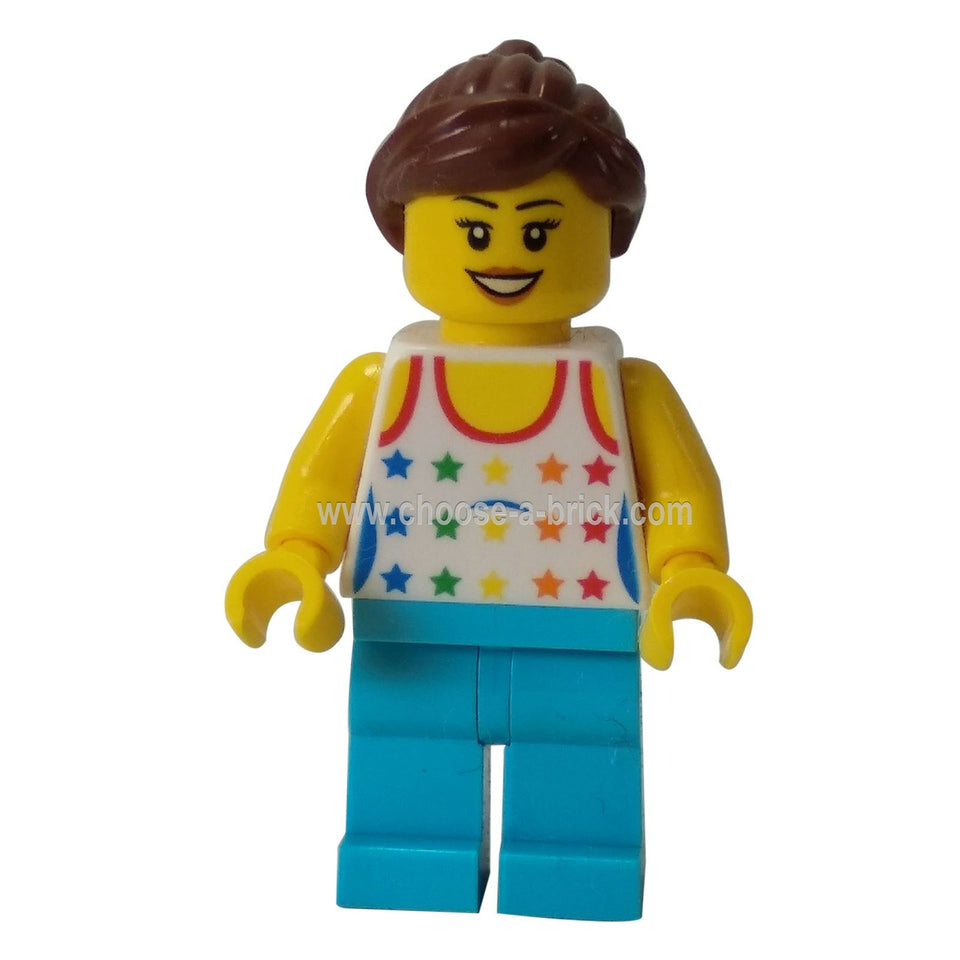 LEGO Skater girl minifigure, front view, rainbow stars shirt, medium azure legs, brown ponytail.