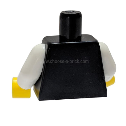 Torso LEGO negro, brazos blancos, manos amarillas, vista posterior