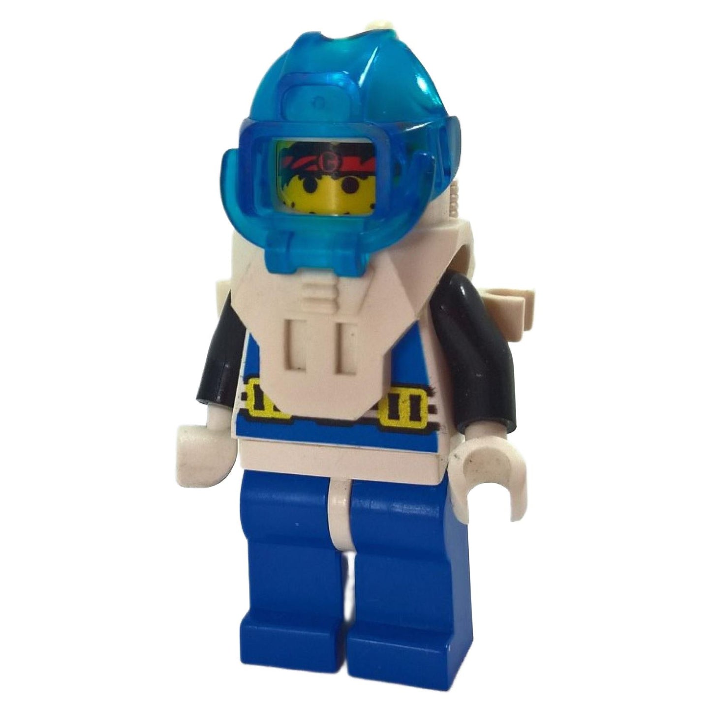 Front angled view of Aquanaut 1 aqu001 with translucent blue diving helmet, white breathing equipment and blue uniform