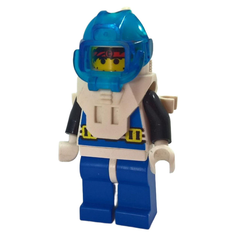 Front angled view of Aquanaut 1 aqu001 with translucent blue diving helmet, white breathing equipment and blue uniform