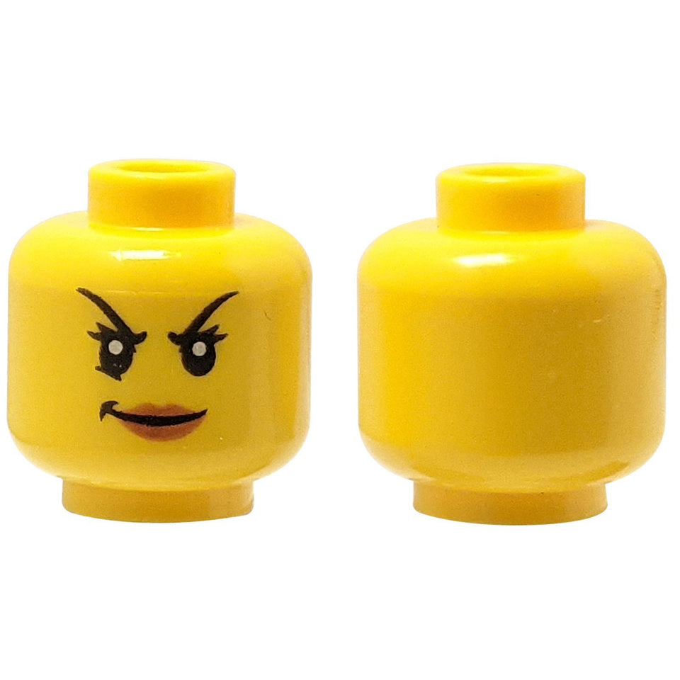 LEGO head 3626pb1275 with arched eyebrows and evil smirk, front and back.
