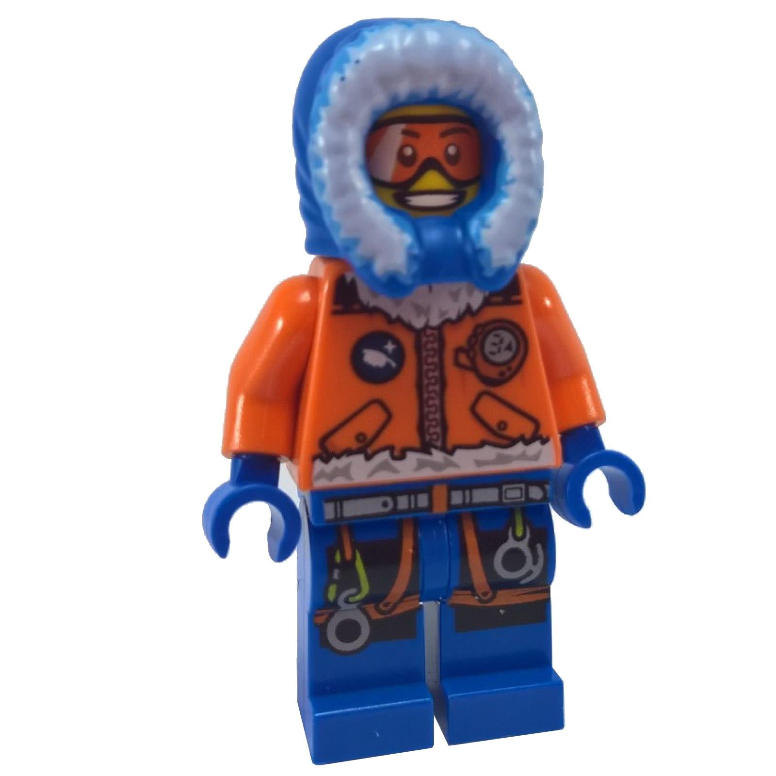 Arctic explorer minifigure wearing orange parka with fur hood, blue gloves and legs, and orange goggles
