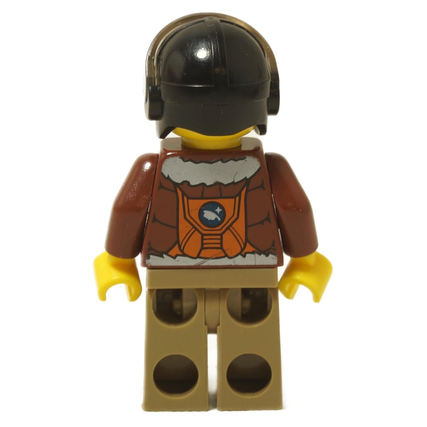 Back view of LEGO Arctic Plane Pilot, brown jacket, harness print, tan legs.